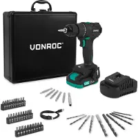 Vonroc PRO Borrskruvdragare 20V – Kolborstfri motor – 40Nm | Inkl. 2.0Ah batteri, laddare och 46 tillbehör i premiumväska