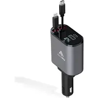 24hShop AutoSky 4-i-1 billaddare med utdragbara Lightning- och USB-C-kablar