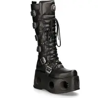 New rock M-272-S2 Neptuno Metallic Knähöga svarta gotiska stövlar i läder
