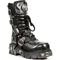 New rock Flame Accented Biker Boots i svart/silverfärgat läder - 107-S2