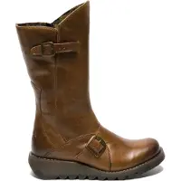 Fly london Womens Camel MES 2 Wedge Heel Buckle Mid-Calf Leather Zip Platform Boots