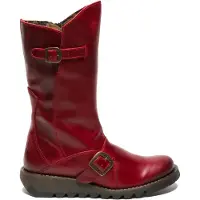 Fly london Womens Red MES 2 Wedge Heel Buckle Mid-Calf Leather Zip Platform Boots