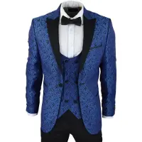 TruClothing Herr Blå Smoking Blazer Väst Brokad Svart Satin Paisley Middagskavaj