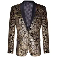 TruClothing Mens Classic Gold Paisley Black Velvet Smoking Dinner Jacket Tailored Fit Blazer