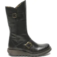 Fly london Womens Black MES 2 Wedge Heel Buckle Mid-Calf Leather Zip Platform Boots