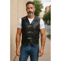 Infinity Leather Svart bikerväst i läder med metallspännen för män - Pinetown