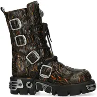 New rock M-591-C62 Halhöga Svarta Flamed Läder Metallic Gothic Stövlar