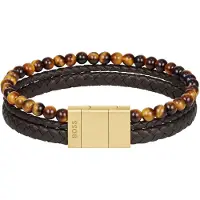 HUGO BOSS Cuff with tiger beads and braided brown leather