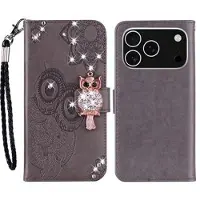 Mtp Products iPhone 17 Pro Plånboksfodral med uggla och strass - Grå