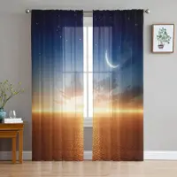 Yiran Furniture Natthimmel Stjärna Måne Skira Gardiner Vardagsrum Fönster Tyll Gardiner För sovrum Kök Heminredning Voile Draperier W135 x H115cm x1&Grommet Top