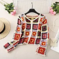CANVAUS Dam Retro Chic Virkad Hål V-ringad Stickad Solskyddskortigan Sommar Lazy Lös Långärmad blus One Size röd