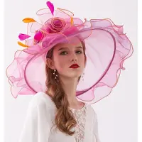 WTEMPO Organza Kentucky Derby hattar för kvinnor Bred brättad strandmössa Slöja Blomma Fjäder Bröllop Elegant kyrkfest Fedora Kvinna Adjustable
