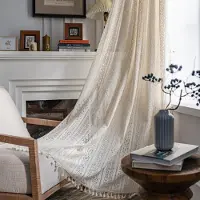 Boho berry Boho Bomull Linne Tofs Fönster Gardiner Stång ficka Semi mörkläggning Lantlig stil Fönsterbehandling för vardagsrum matsal hook type-150*160cm