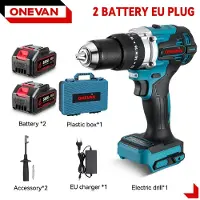 ONEVAN 1500W borstlös elektrisk slagborr 20+3 vridmoment 3In1 elektrisk skruvmejsel Hammarborr Elverktyg för Makita 18V batteri 2 Battery-EU box