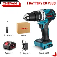 ONEVAN 1500W borstlös elektrisk slagborr 20+3 vridmoment 3In1 elektrisk skruvmejsel Hammarborr Elverktyg för Makita 18V batteri 1 Battery-EU