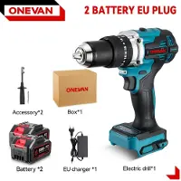 ONEVAN 1500W borstlös elektrisk slagborr 20+3 vridmoment 3In1 elektrisk skruvmejsel Hammarborr Elverktyg för Makita 18V batteri 2 Battery-EU