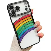 Mtp Products iPhone 17 Pro Max Regnbågskvicksand Hybridskal med kameradekor i strass - Svart