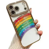 Mtp Products iPhone 17 Pro Max Regnbågskvicksand Hybridskal med kameradekor i strass - Guld