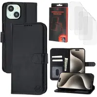 MyTPhone iPhone 15 Plus/14 Plus CardMate MagSafe plånboksfodral i läder med korthållare, stativ, 2x skärmskydd - svart