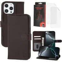 MyTPhone iPhone 16 Pro CardMate MagSafe plånboksfodral i läder med korthållare, stativ, 2x skärmskydd - mörkbrun