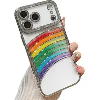 Mtp Products iPhone 17 Pro Max Regnbågskvicksand Hybridskal med kameradekor i strass - Silver