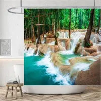 Shower curtain Home Decor Lantligt landskap Creek Sten Lotus Buddha Duschdraperi Badrumsgardin Tyg Vattentät polyester Badrumsgardin med krokar 180*180cm