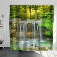 Shower curtain Home Decor Lantligt landskap Creek Sten Lotus Buddha Duschdraperi Badrumsgardin Tyg Vattentät polyester Badrumsgardin med krokar 180*200CM