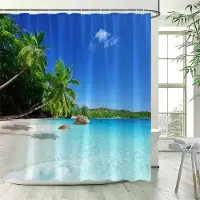 Shower curtain Home Decor Hav Landskap Duschdraperi Strand Palmer Papegojor Delfiner Hav Vågor Naturlandskap Badkar Gardiner Tyg Badrumsinredning W120xH180cm