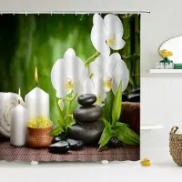 Shower curtain Home Decor Zen Grön Bambu Buddha Duschdraperi Landskap Vattenljus Sten Lotu Plant Trädgårdslandskap Vattentät Badrumsgardinskärm 180x180cm