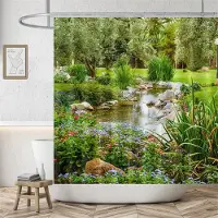 Shower curtain Home Decor Lantligt landskap Creek Sten Lotus Buddha Duschdraperi Badrumsgardin Tyg Vattentät polyester Badrumsgardin med krokar 150*180cm