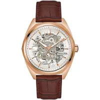 Bulova Surveyor Läderarmband Silver Skelettdial Automatisk 97A175 Herrklocka silver