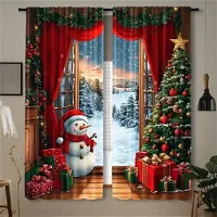 Yiran Furniture 2 st Set av Jultomten Julgardiner-Digitaltryck, Kanalficka Design, Polyester -Perfekt För Vardagsrum, Kök, Sovrum W65X60H(cm)X2Pcs&Grommet Top