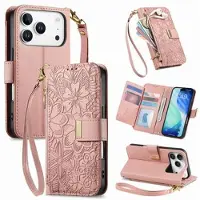 Mtp Products iPhone 17 Pro Max Plånboksfodral med mönster av blommor och blad med blixtlåsficka och handledsrem - Rosa
