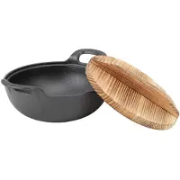 Cosy Homes Gjutjärnswok med 2 handtag Trälock Stekpanna med platt botten Obehandlad för Wokning Grill Ånga 20cm/7.9in