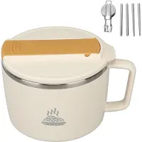 Cosy Homes Nudelsskål med pinnar och skedgaffel 1200ml 304 Rostfritt stål Bärbar Ramen Matlagningsskål med L(for 6.5-9kg) beige
