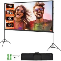 Vevor Projektorduk med stativ, 120 tum 16:9 4K 1080 HD utomhusfilmduk med stativ, skrynkelfri projektorduk med stativ och bärväska, för hemmabio, filmkväll i trädgården