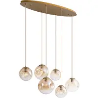 QAZQA Art Deco Pendellampa Mässing med Oval Takplatta och Bärnstensfärgat Glas 6-Ljuskällor - Douglass
