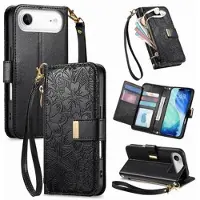 Mtp Products iPhone Air Plånboksfodral med mönster av blommor och blad med blixtlåsficka och handledsrem - Svart