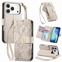 Mtp Products iPhone 17 Pro Max Plånboksfodral med mönster av blommor och blad med blixtlåsficka och handledsrem - Vit