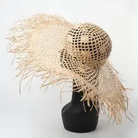 WTEMPO Sommar Stråhatt Urholkad Dam Ny Strandhatt Foto Solhatt Dam Stor Brätte Casual Enfärgad Fransad Lafite Stråhatt L（58-60cm）