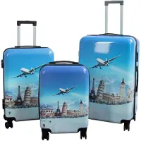 Borg Living Resväskset - 3 st. - Resväska med motiv - Flygplan - Hardcase lättvikt resväska med 4 hjul