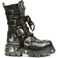 New rock Flame Accented Biker Boots i svart/silverfärgat läder - 107-S2