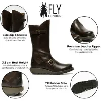 Fly london Womens Brown MES 2 Wedge Heel Buckle Mid-Calf Leather Zip Platform Boots