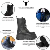 Windsor Smith Windsorsmith Dam Svarta Mid-Cat Biker Läder Platform Combat Stövlar - Screaming