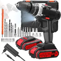 Kkmoon Hushålls 3-i-1 multifunktionell elektrisk borr Handhållen litiumskruvmejsel 21V slagborr Borstad 2pcs batteries EU Plug flerfärgad