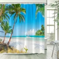 Shower curtain Home Decor Hav Landskap Duschdraperi Strand Palmer Papegojor Delfiner Hav Vågor Naturlandskap Badkar Gardiner Tyg Badrumsinredning W180xH180cm
