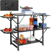 Vevor Campingköksbord, Hopfällbart och Bärbart Köksbord i Ett Delat med Bärväska, Campingbord i Aluminium, 4 Sidobord i Järn och 2 Hyllor, Perfekt för Utomhuspicknick, Grillfester, Camping, Husbilsres