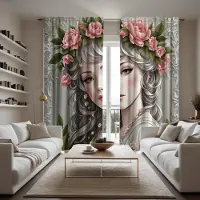 Household supplies MH 2 stycken HD tecknad flicka med krans dekorativ gardin Vit knyt digitaltryckt gardin Heminredning stil Dekoration l W52H63inchW132H160cm