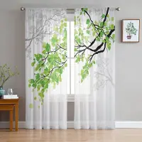 Household supplies MH Gröna grenar Växtblad Tyll Gardiner för Vardagsrum Sovrumsdekoration Transparent Chiffong Skir Voile Fönstergardin 1 PCS W100XH250cm&Grommet Top