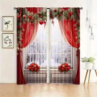 Household supplies MH 3DJulgardiner 3D Snögubbe Snöscen Tryck Röd Sovrumspaneler Högtidsdekor 2 Paneler Jul Fönsterdraperier 50W130H(CM)X2PCS&Grommet Top